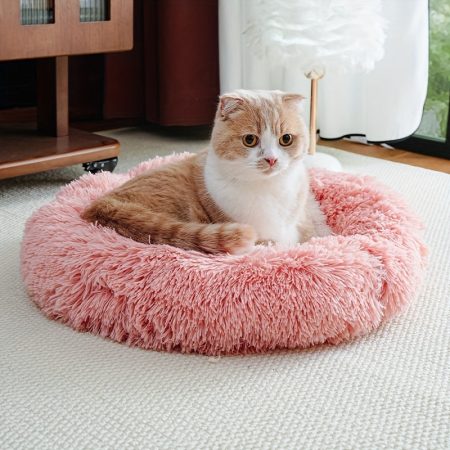 1pc Soft Plush Pet Bed for Cats & Small Dogs - Round Non-Slip Mat with Ruffled Edges, Beige & Pink, Cozy Indoor Pet Nest for Home Decor, Cat Bed for Indoor Cats, Plush Pet Nest, Ruffled Edge Design, Plush Material