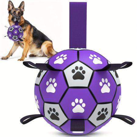 Durable Rubber Dog Soccer Ball with Straps - Chew-Resistant Interactive Pet Toy for All Breed Sizes, Purple & Black Paw Print Design, Indoor/Outdoor Play & Training, Large Surface Area for Tug-of-War Games, Dog Ball Toy, Chewresistant Material